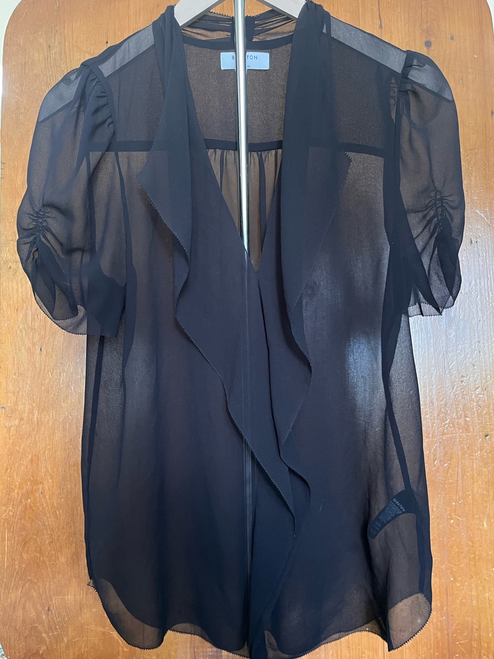 Babaton Black Sheer Ruffle Front Short-Sleeve Blouse